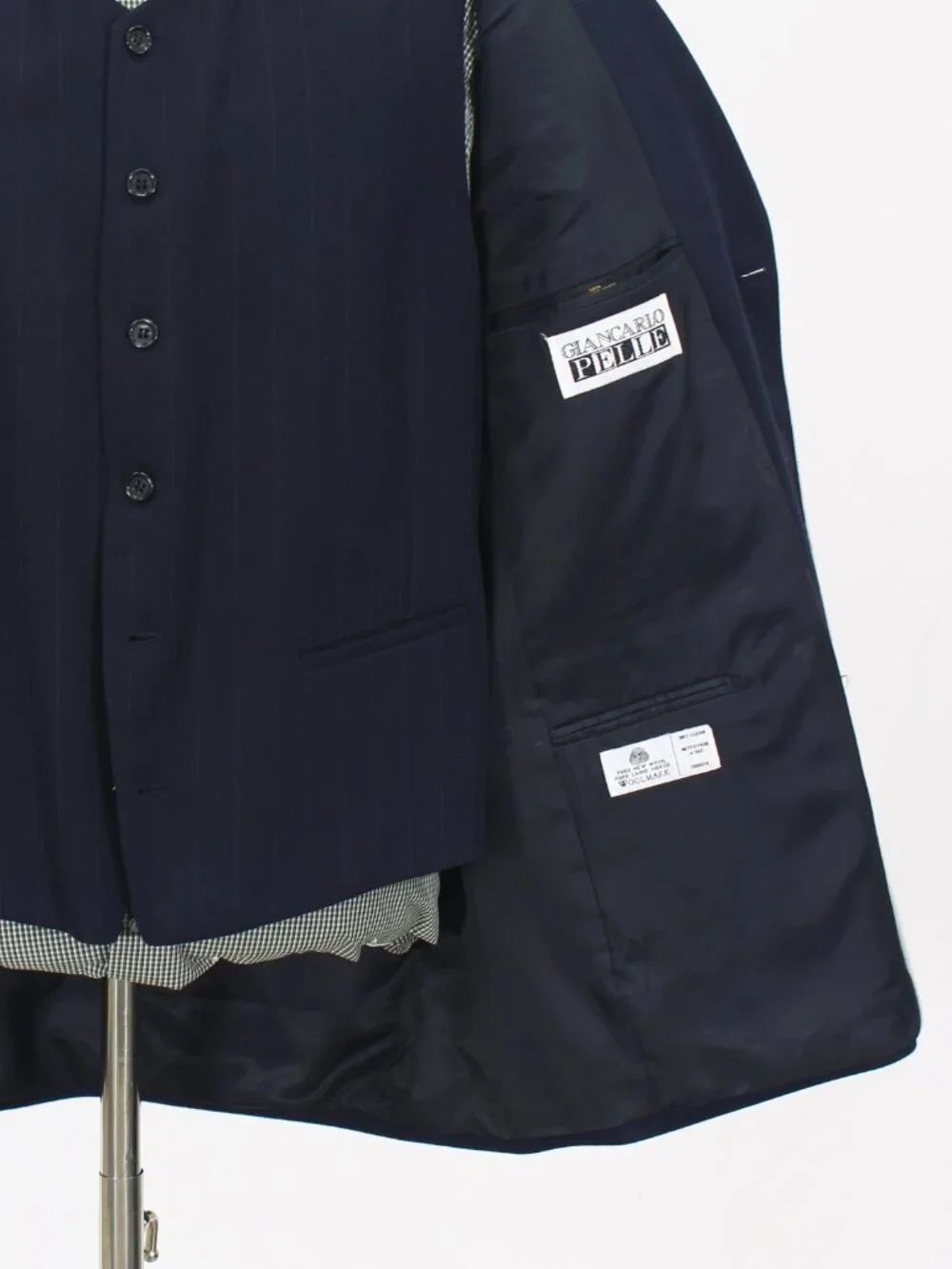 Giancarlo Pelle 42S 35x26 Navy 3-Piece Full Suit 3-Button Stripe R956